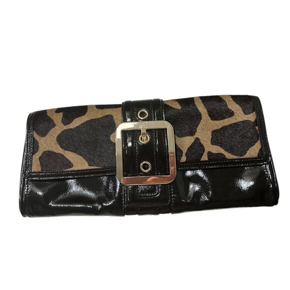 Ann Taylor Black Patent Leather Animal Print Clutch Bag Calf Hair 12.5" x 6" - Picture 1 of 6